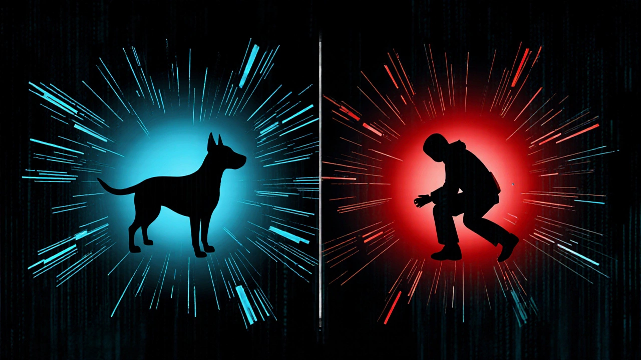 AI system distinguishing between a pet and intruder using heat signatures and movement analysis.