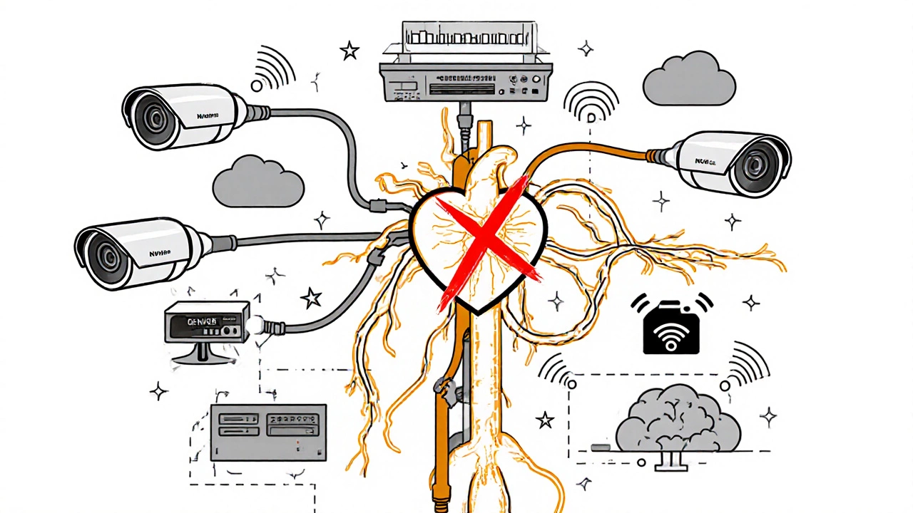 Conceptual CCTV system as an organism with isolated camera marked by red X.