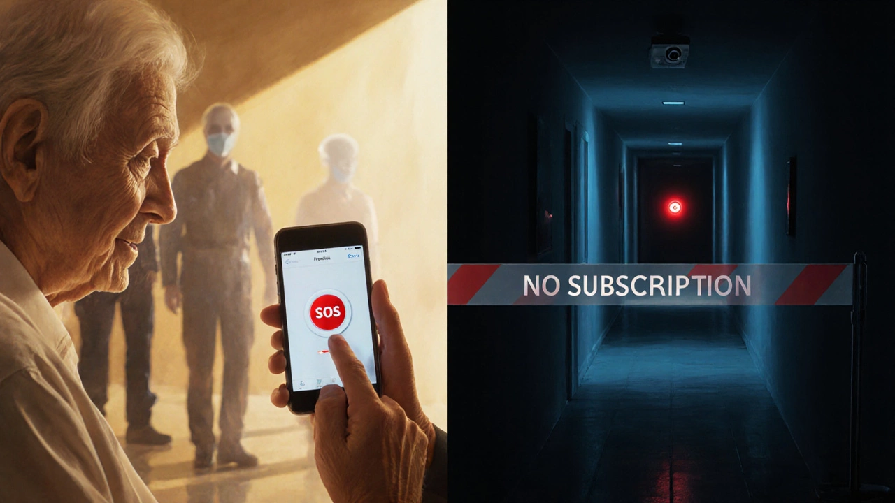 Elderly person activating SOS alert on phone, while dark hallway with unmonitored camera looms behind.