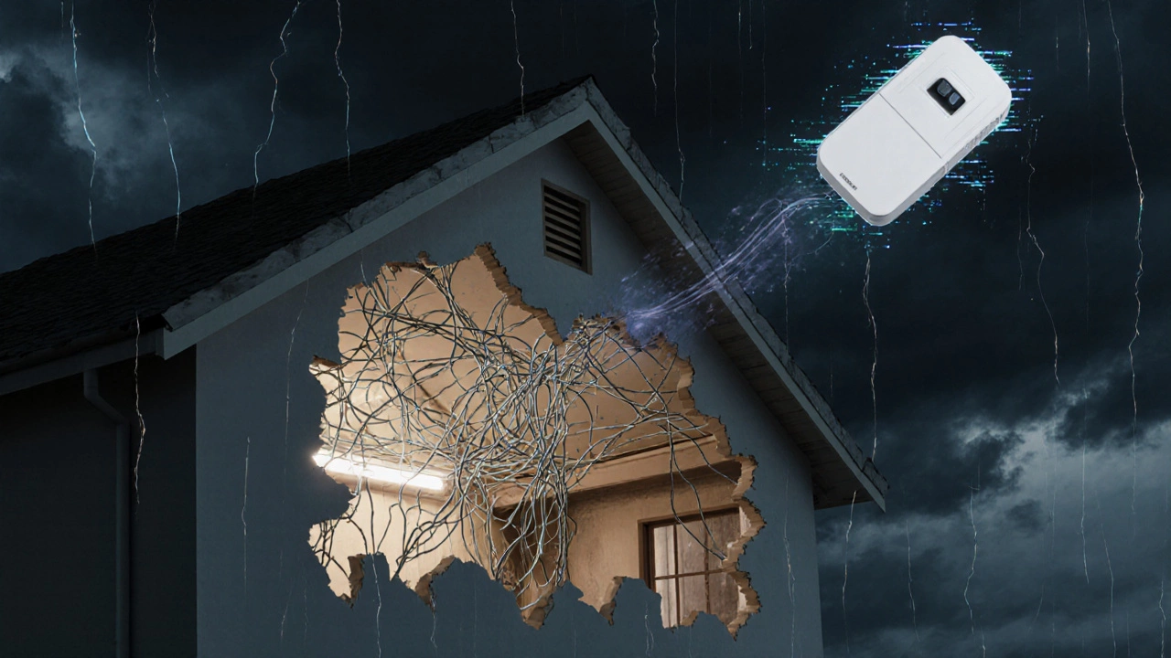 Exposed internal wiring tangled within walls beside a sleek wireless sensor floating in air.