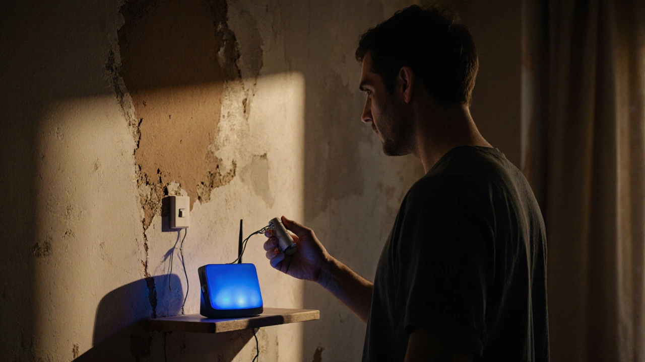 Homeowner holding a broken wired sensor amid patched wall damage, wireless system glowing nearby.