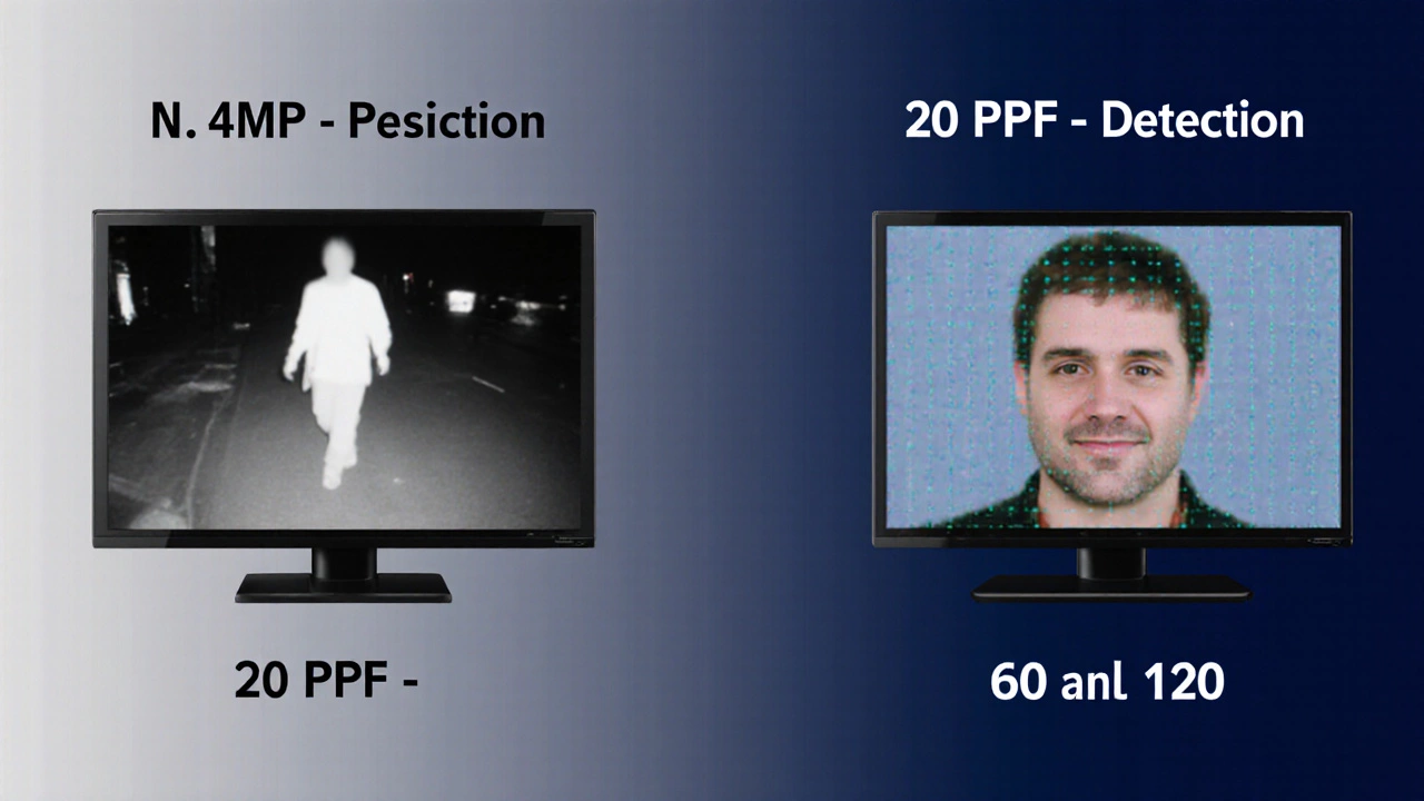 Side-by-side visual comparison of low and high resolution camera performance at different distances.