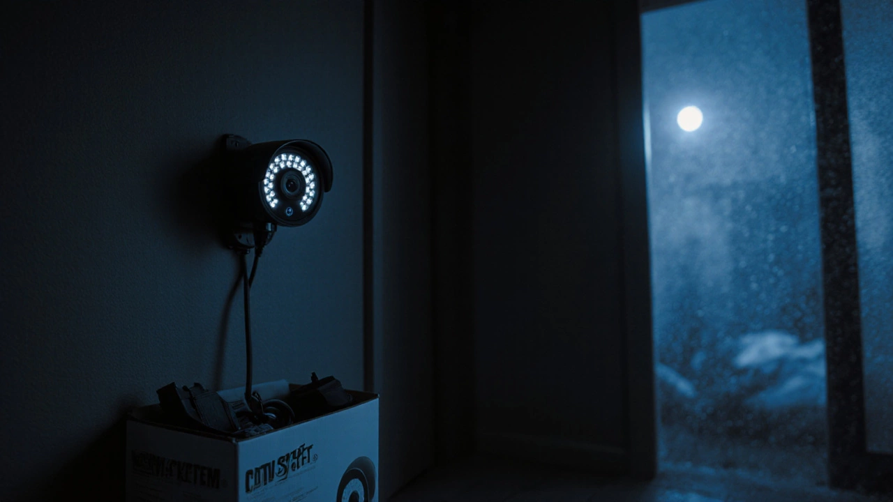 Single unconnected camera in a dark hallway, boxed as a &#039;CCTV system&#039;.