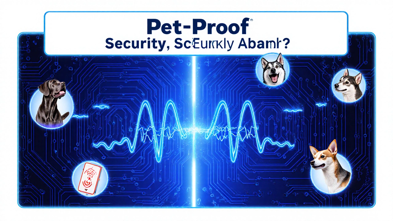 Sound waves from a dog&#039;s bark being filtered by an AI security system while a burglar&#039;s break-in sound triggers the alarm.