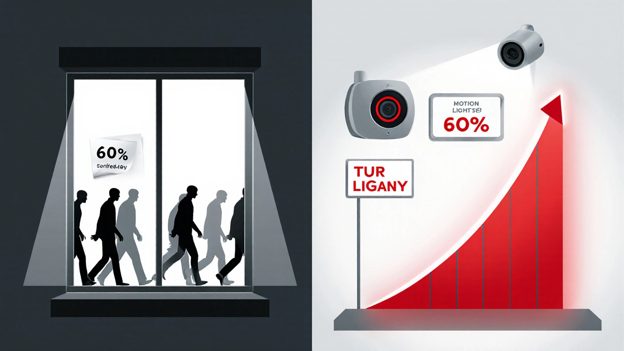 Split illustration showing alarm deterrence rates: 60% vs 90% of burglars avoiding homes with different security levels.