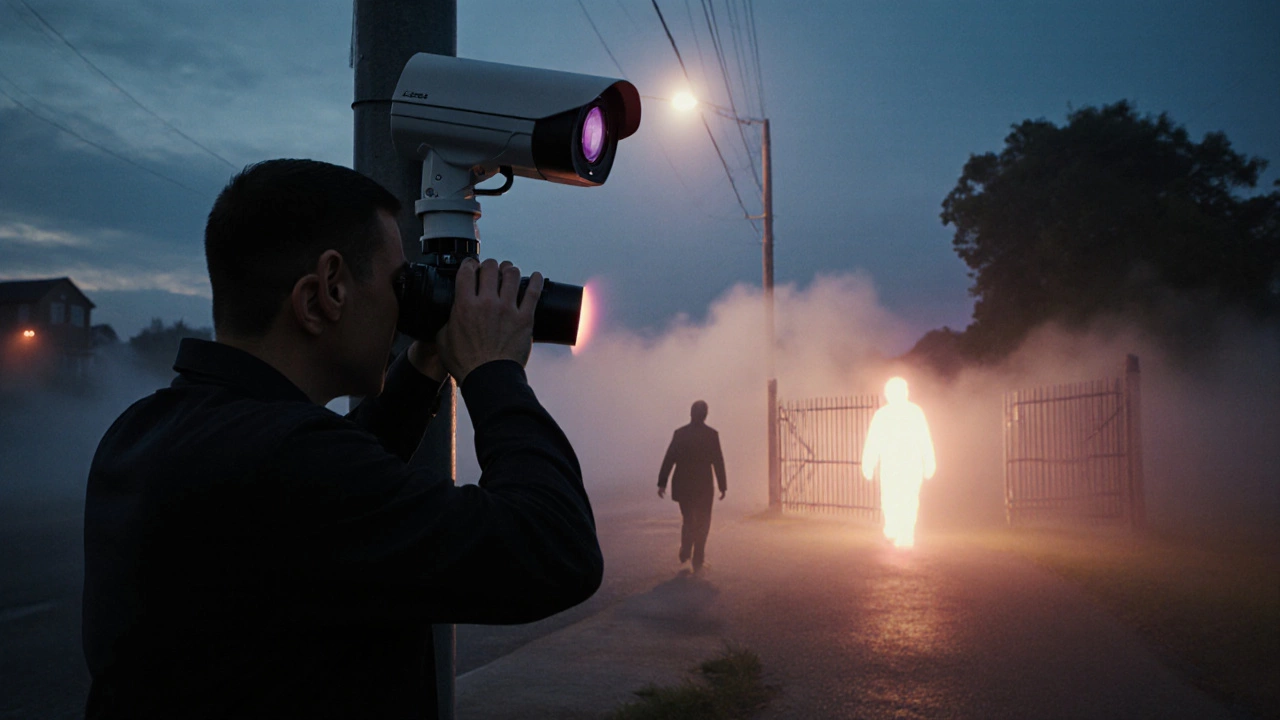 Technician adjusting a PTZ camera at night, aiming toward a distant gate with thermal overlay.