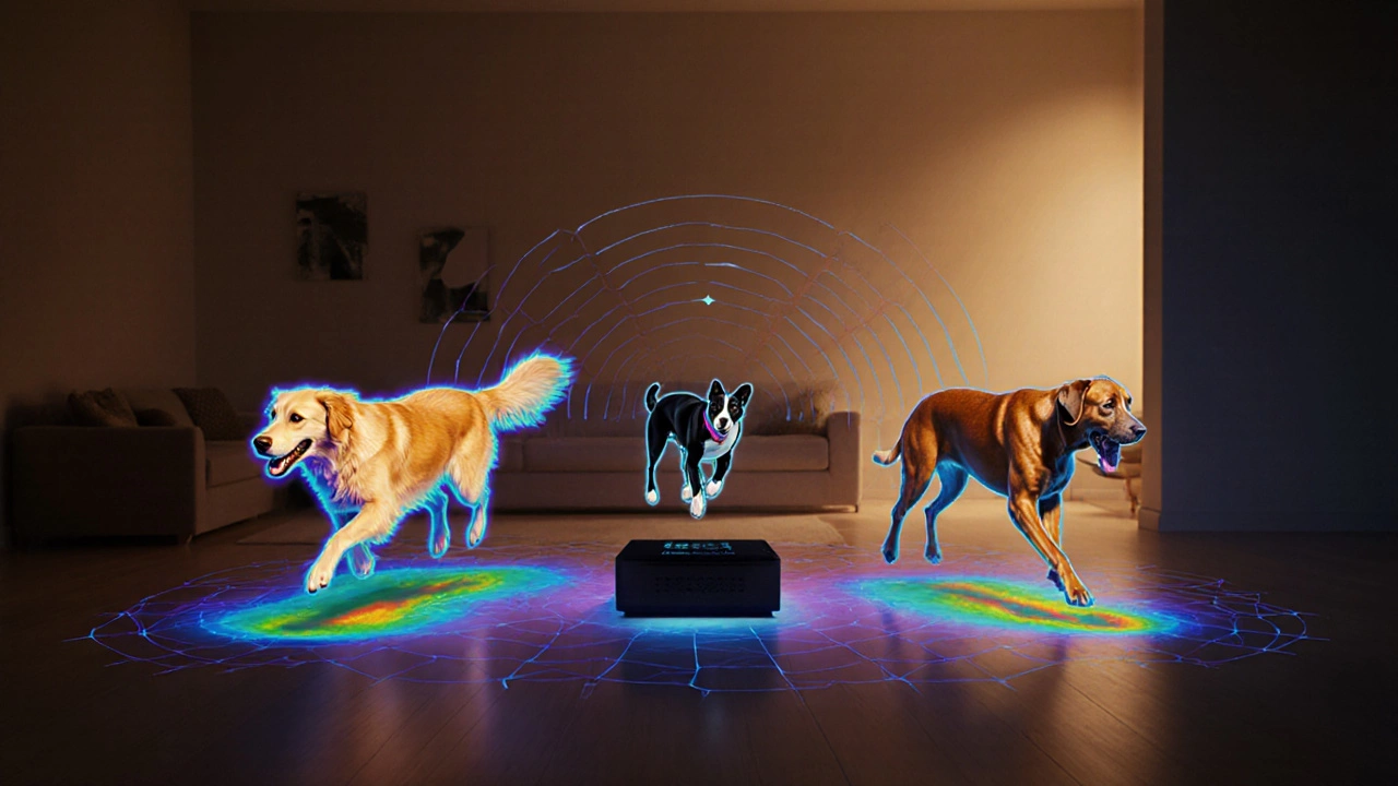 Three dogs with unique thermal profiles being recognized by a smart security hub.