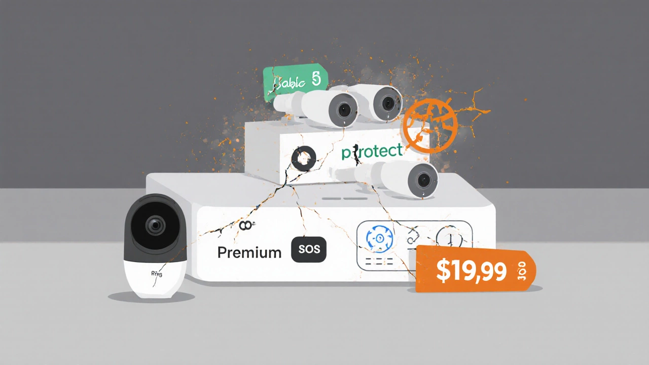 Three Ring Home subscription tiers shown as stacked icons with prices, old Protect logo fading away.