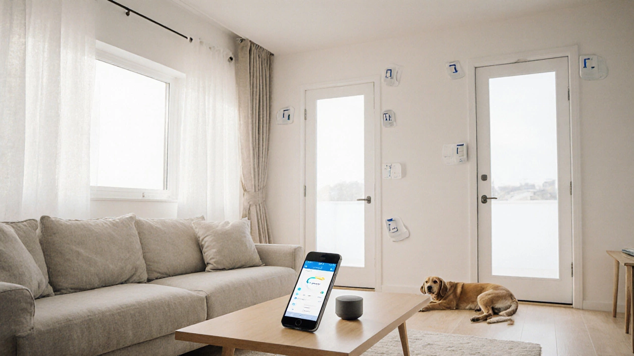 Wireless alarm sensors on windows with smartphone showing security app.