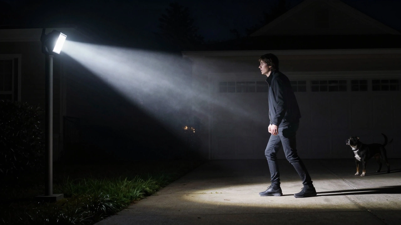 A motion-activated LED light suddenly illuminating a startled intruder on a dark driveway.