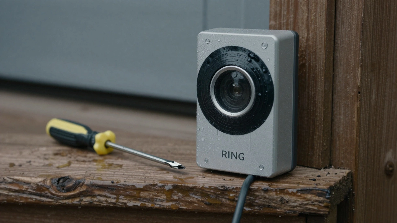 A Ring doorbell with its lens covered in tape and a cut power wire on a porch.