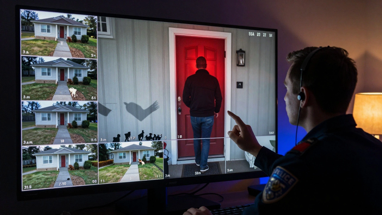 A security monitoring center with dispatchers watching AI-verified video feeds during a nighttime intrusion.