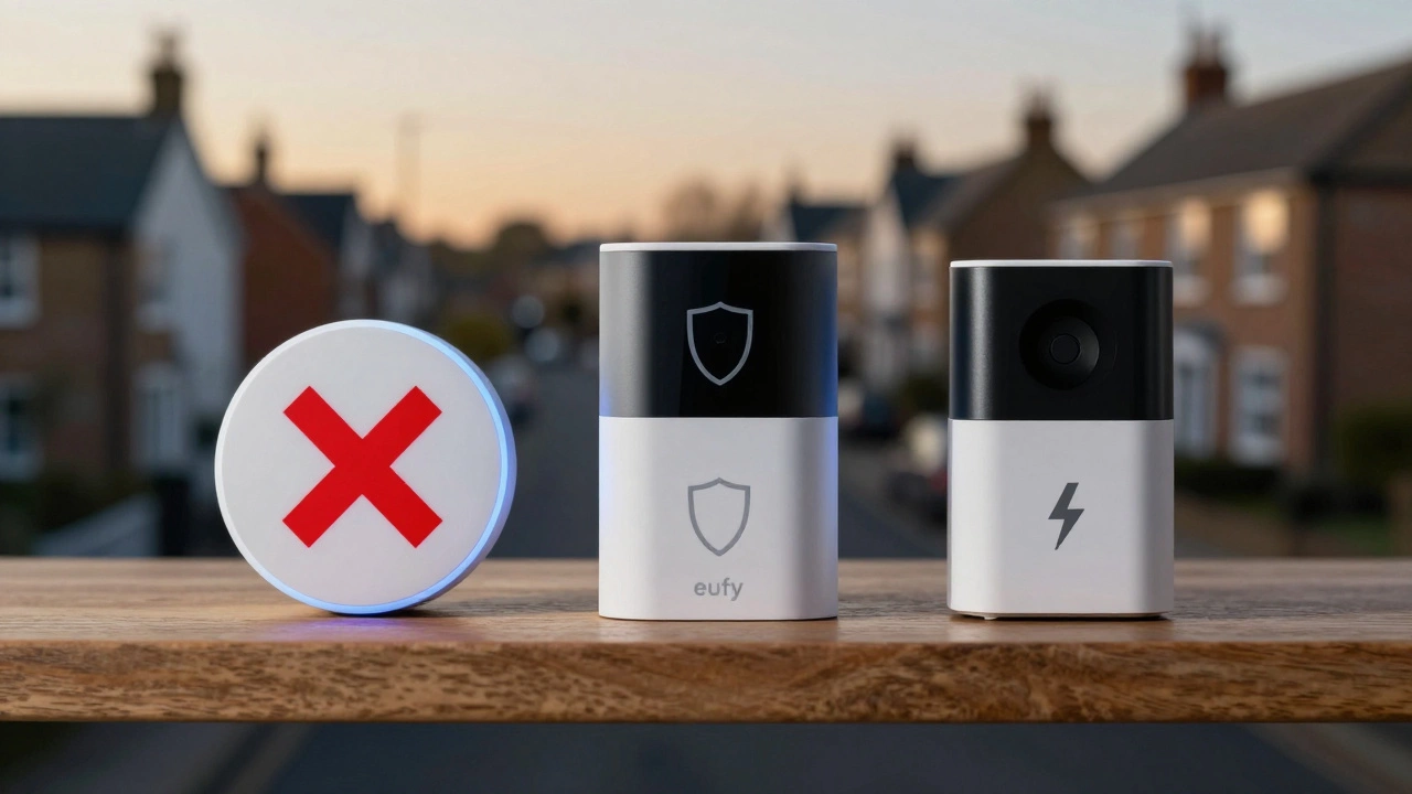 Comparison of three smart doorbells, with Ring marked as insecure versus safer alternatives.
