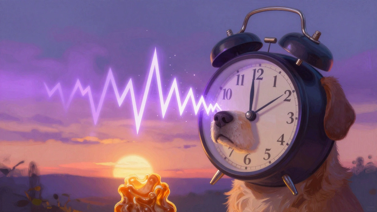 Dog&#039;s perspective of piercing alarm sounds being replaced by a glowing treat and sunrise.