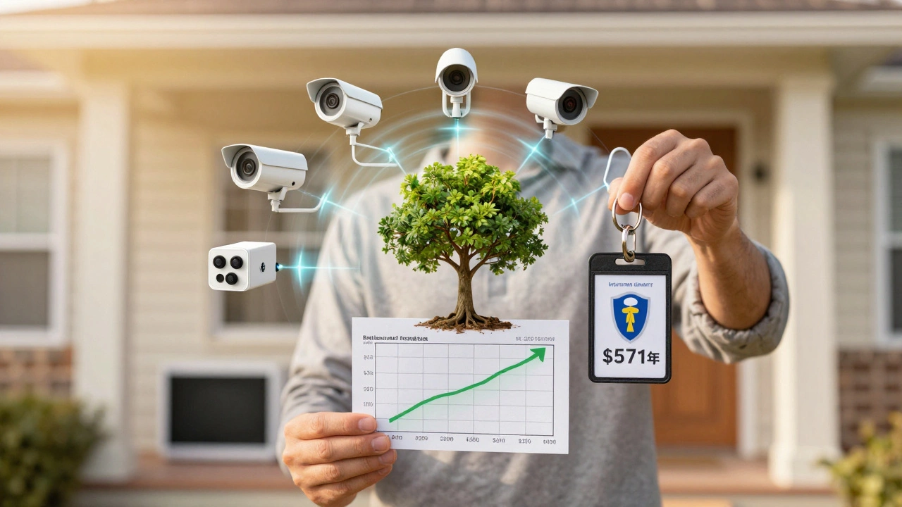Homeowner holding security badge as connected devices form a protective energy network.
