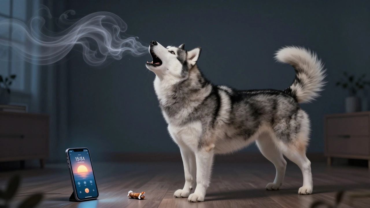 Siberian husky howling with ghostly sound waves, a sunrise alarm visible nearby.