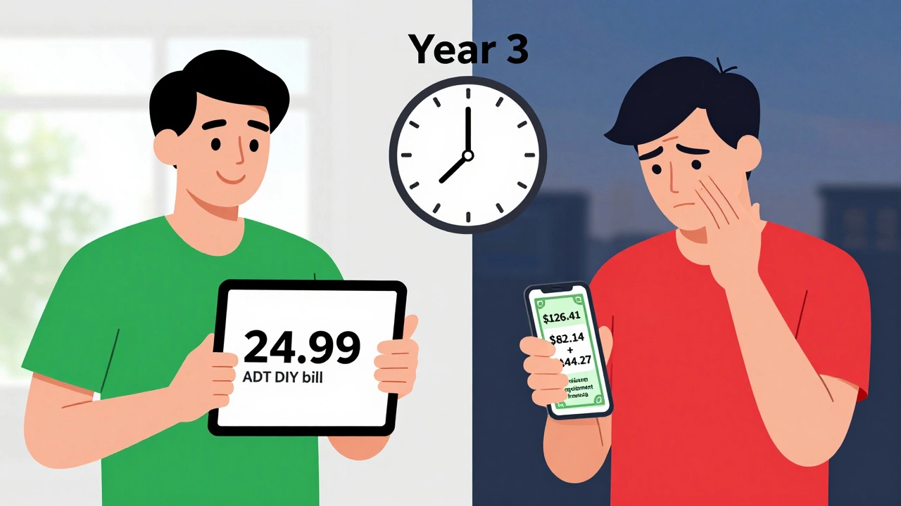 Side-by-side comparison of low DIY monthly cost versus high combined monitoring and equipment cost.