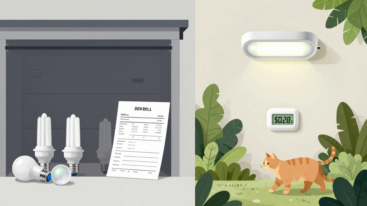 Side-by-side comparison of old inefficient bulbs versus a modern energy-saving LED security light.