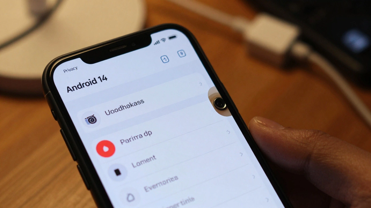 Smartphone with camera cover partially open, privacy dashboard showing suspicious app access.