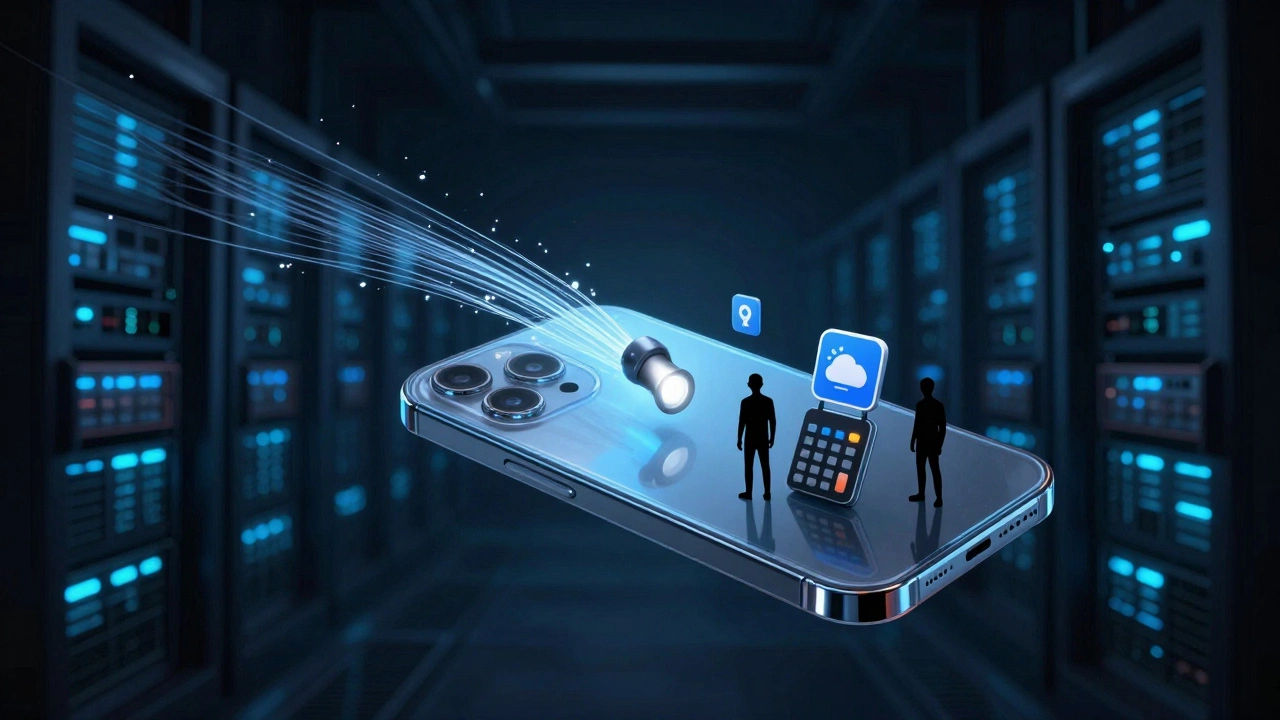 Smartphone with invisible data streams flowing from camera to distant server farm.