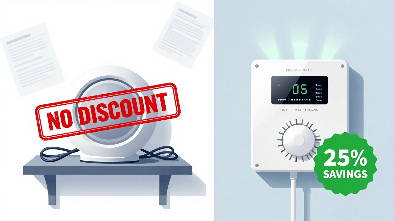 Split illustration: DIY alarm with no discount vs. professional system with 25% savings.