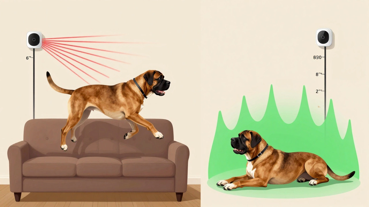 Split illustration showing a dog triggering an alarm when jumping on furniture versus remaining calm when sensor is properly installed.
