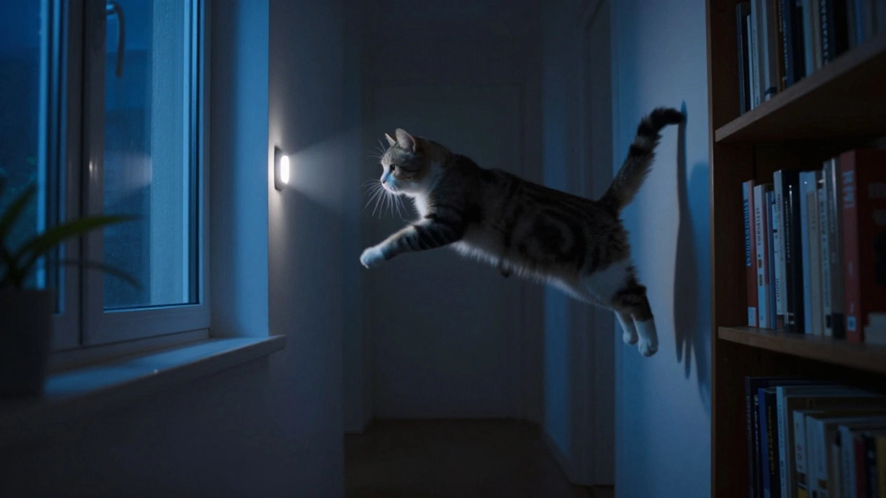 A cat mid-jump across a hallway, passing through the motion sensor's detection area at night.