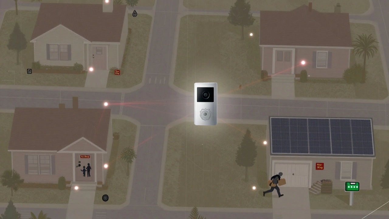A neighborhood map with Ring doorbells marked as glowing dots, some linked to police icons and others with 'No Ring' signs.