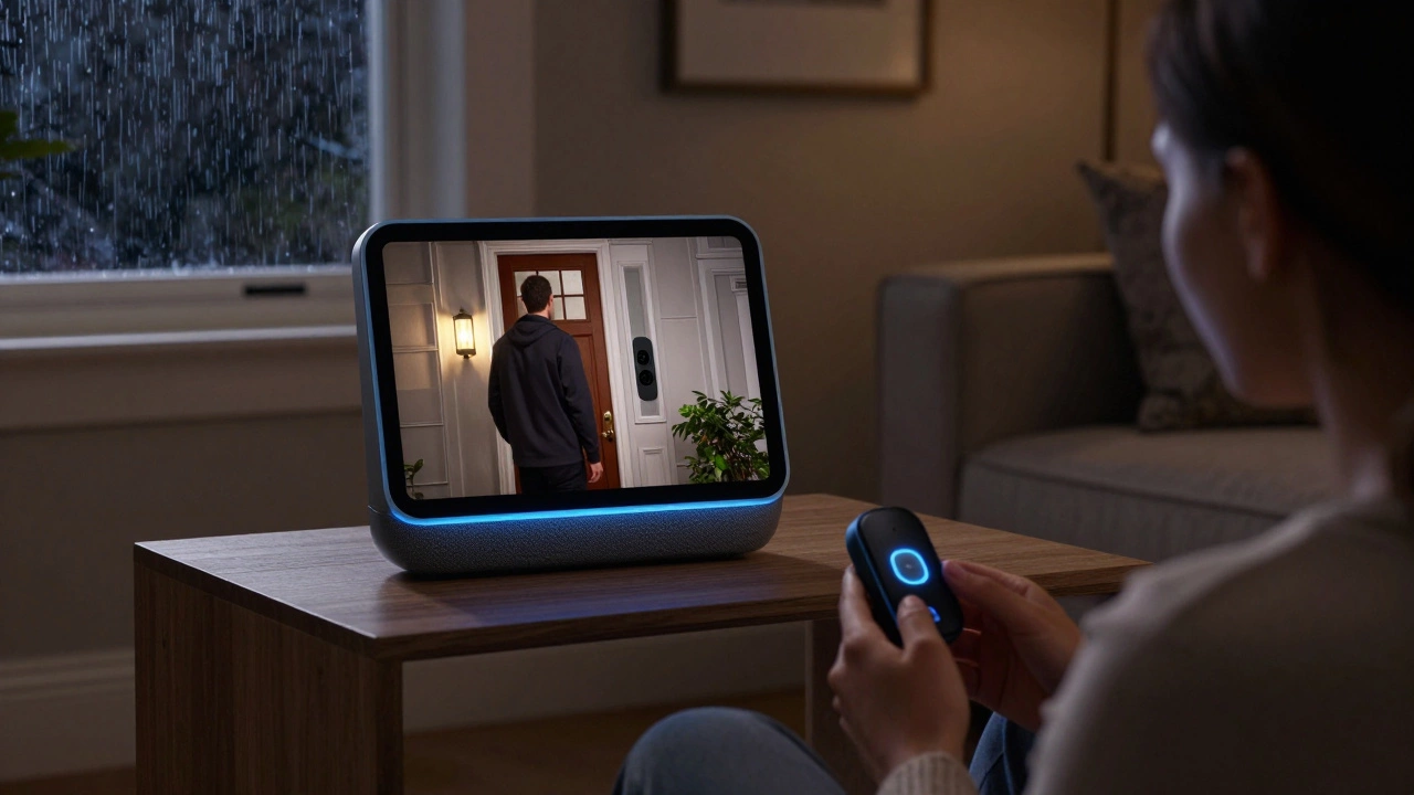 An Alexa Echo Show displaying color night vision footage of someone approaching a front door at night.