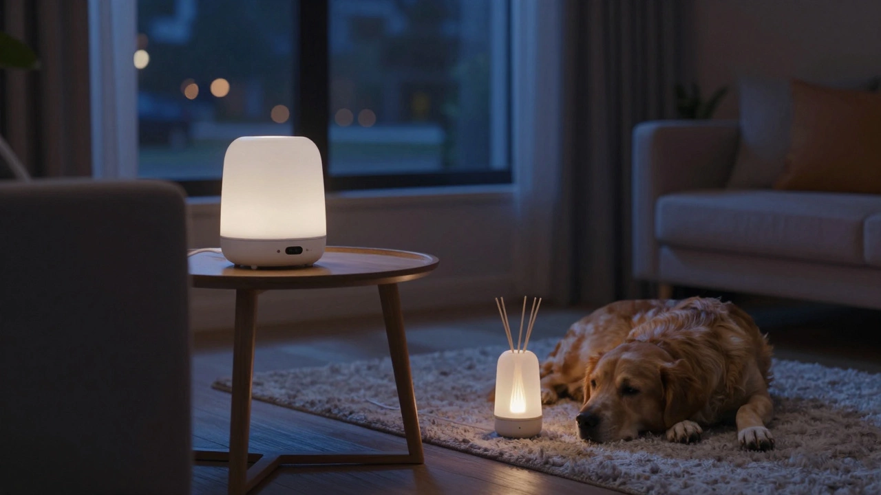 Dog resting peacefully at night with white noise machine and pheromone diffuser