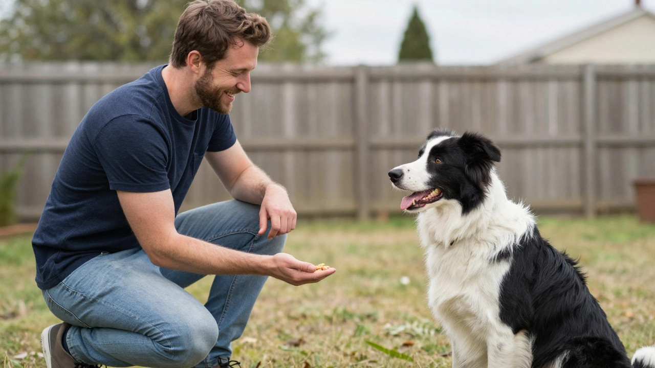 Dog trainer using treats to teach quiet behavior during positive reinforcement training