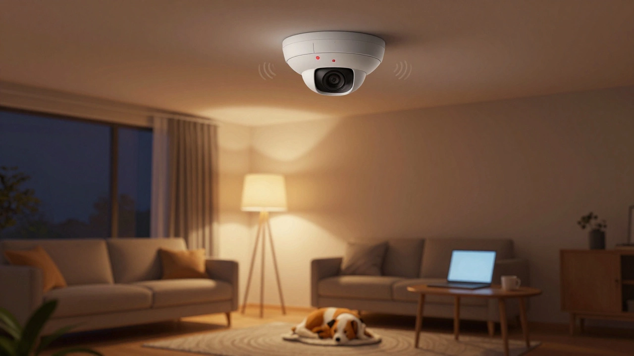 Indoor security camera disguised as a smoke detector in a cozy living room at night.