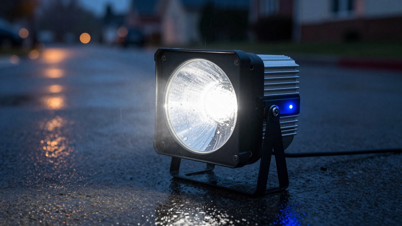 Outdoor security floodlight emitting white light at night with rain on its lens.