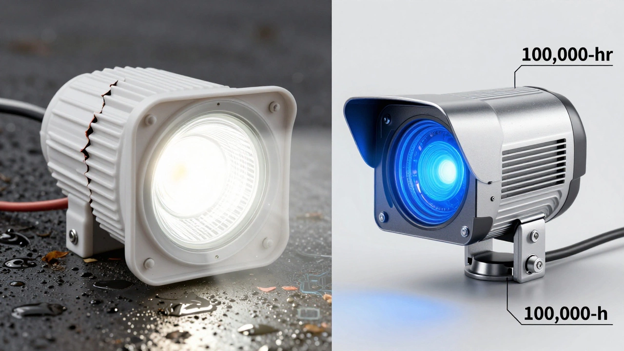 Split image: cheap failing LED light vs. premium long-lasting security light.
