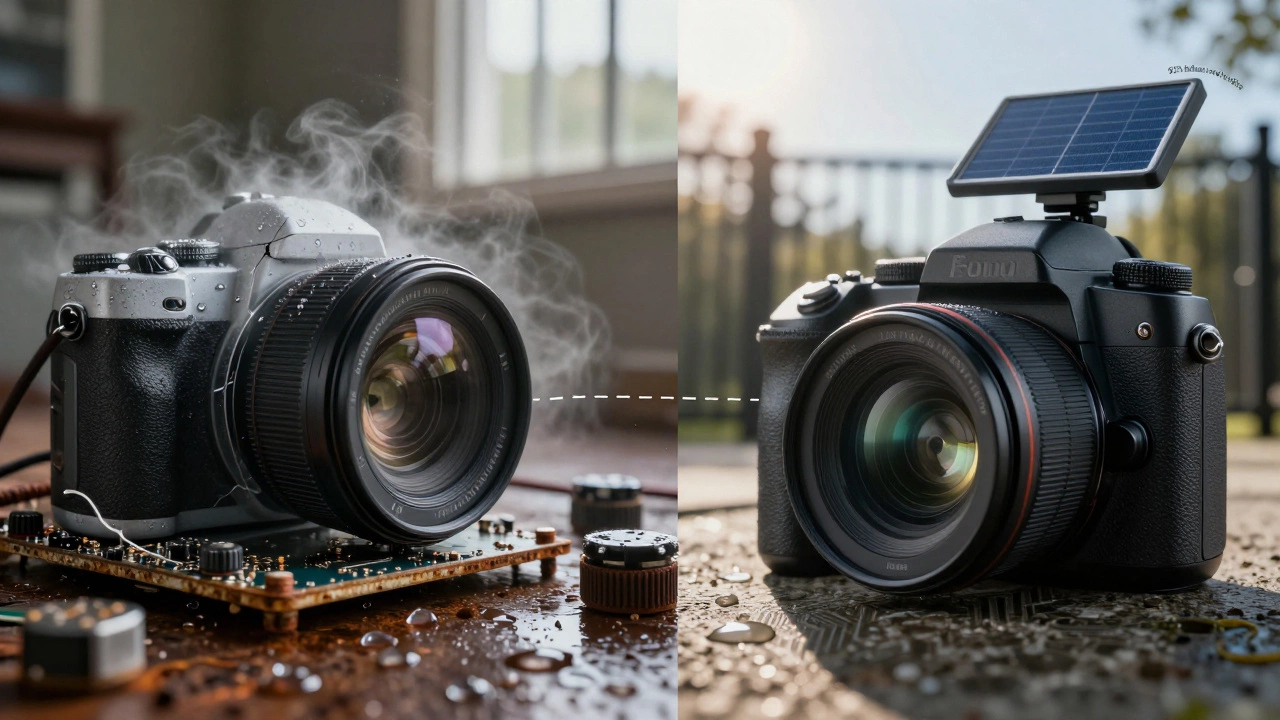 Split image: failed indoor camera with condensation vs. functioning outdoor camera with solar power.