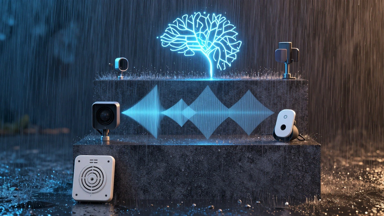 Three-tiered visual showing the progression from basic to AI-enhanced motion sensor technology in rain.