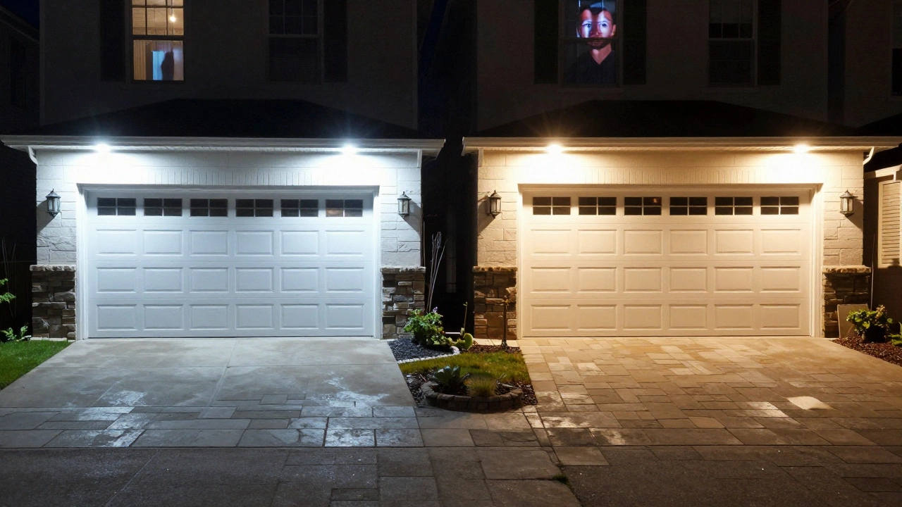 Two driveways compared: one with harsh blue-white light, the other with warm white light showing clearer textures and less glare.