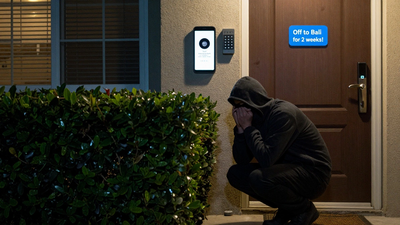 A burglar hesitating outside a secure home with alarm keypad and smart lock, while a phone displays a vacation social media post.