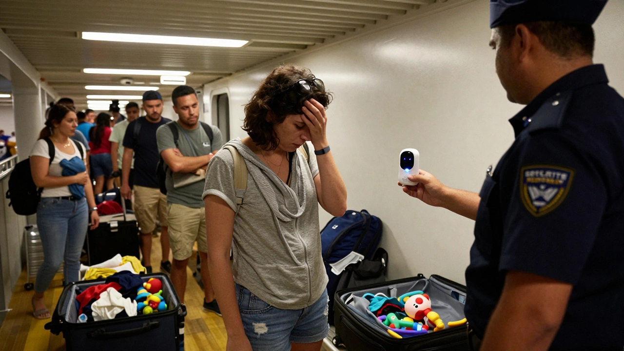 A cruise security officer confiscates a baby monitor from a distressed parent at the boarding checkpoint.
