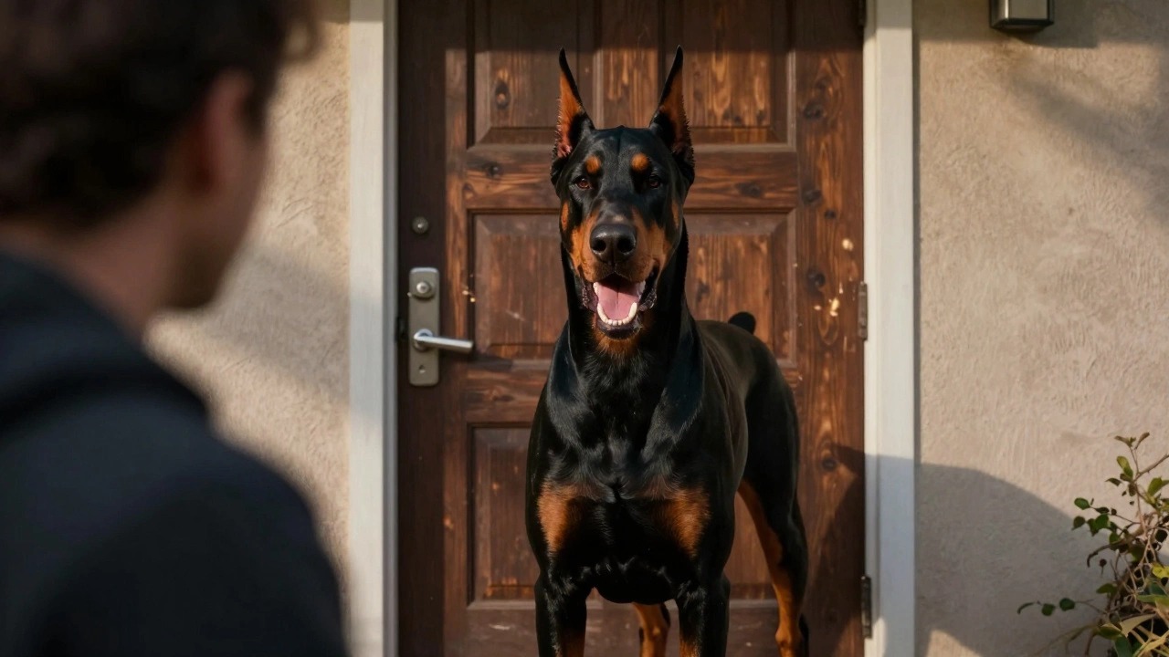 A Doberman growling defensively in front of a door under moonlight.
