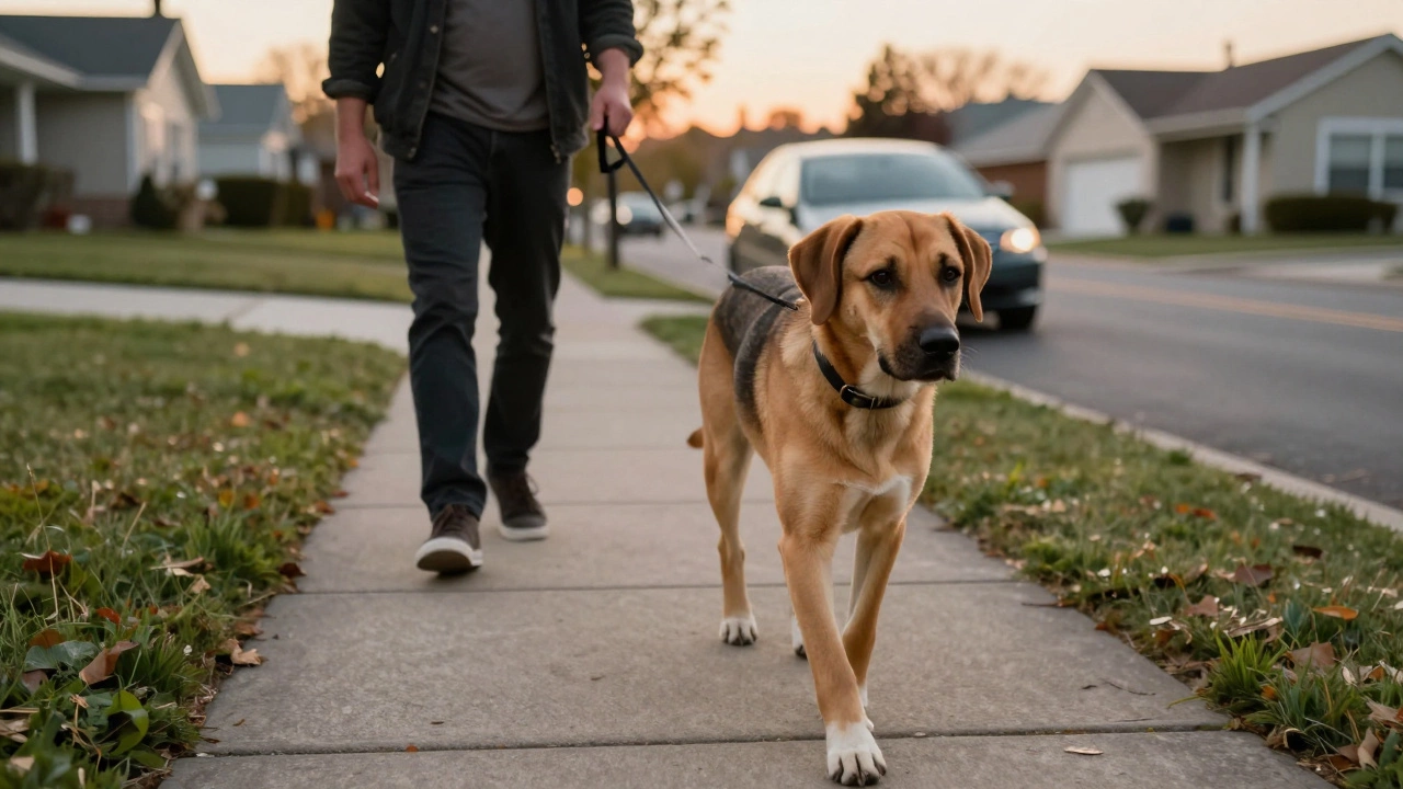 A guard dog walking calmly with its owner as a suspicious person watches nearby.