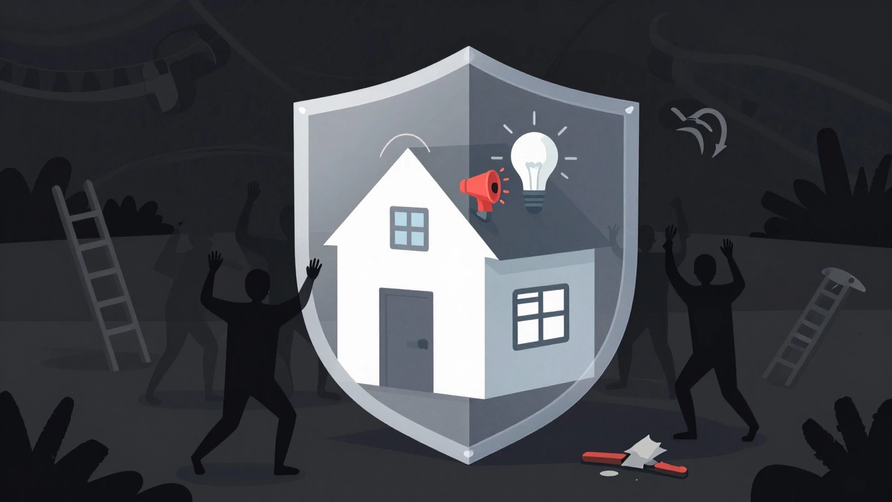 A house protected by layered security symbols — camera, alarm, light, lock — while shadowy thieves retreat in defeat.