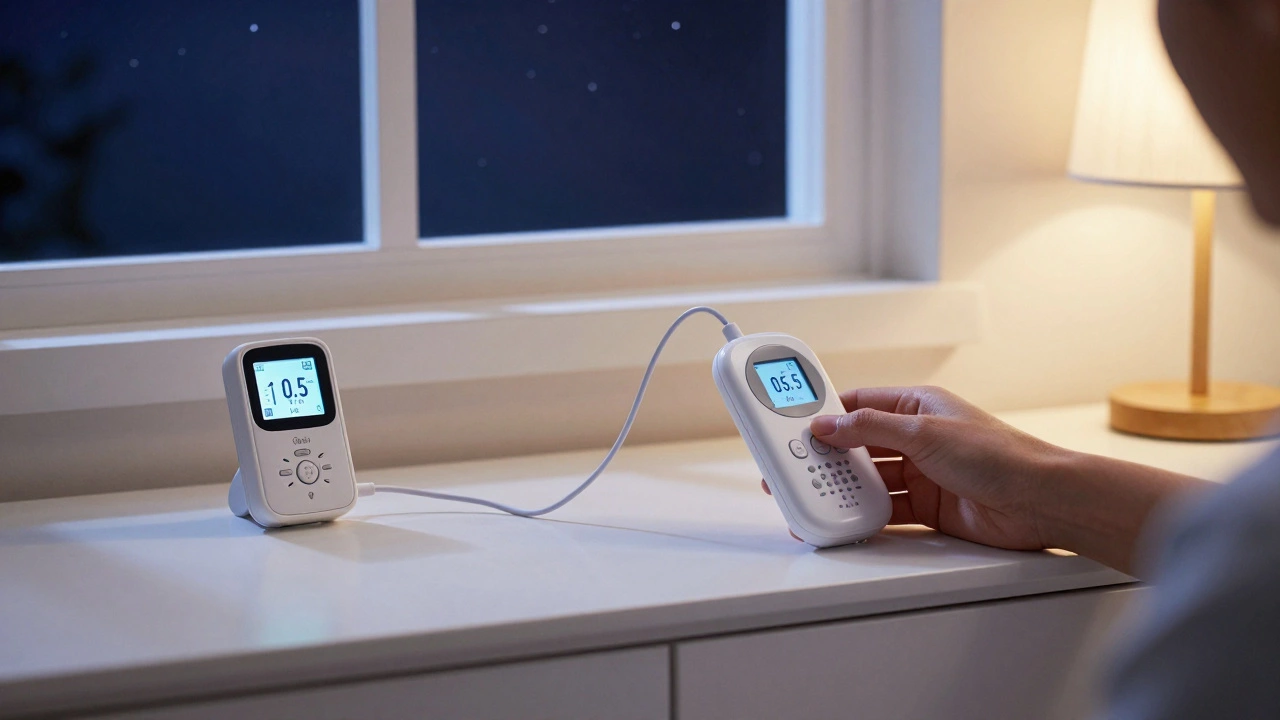 A parent replacing a wireless baby monitor with a wired model, using a low-EMF meter to confirm safety.
