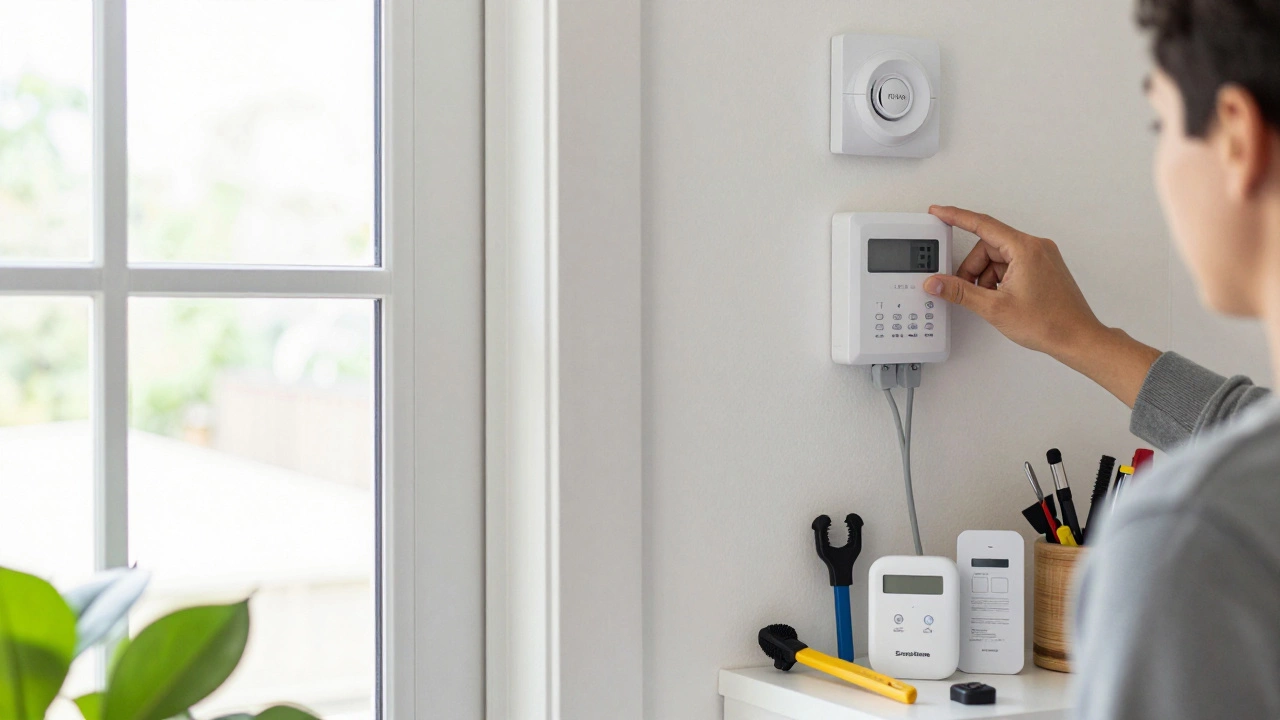 A person installing wireless door sensors and a motion detector in a home, using a DIY alarm kit on the floor.