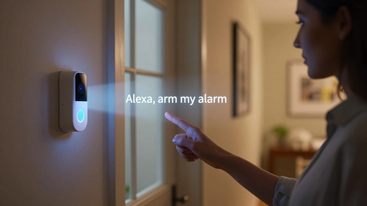 A person using voice control to arm a smart home security system with visible devices on doors and windows.