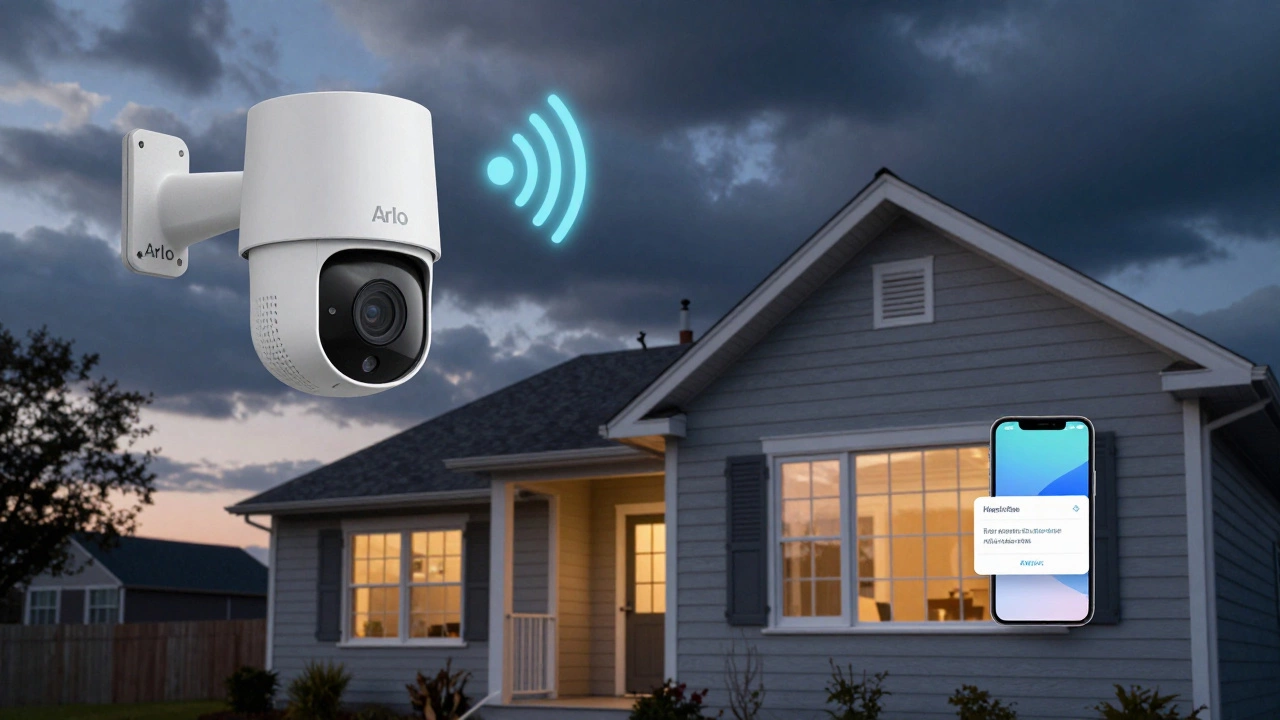 A rural home at dusk with a security camera and cellular signal icon, symbolizing reliable protection without monthly fees.