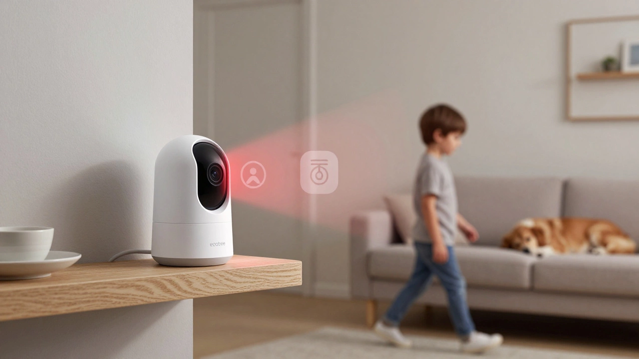 A smart camera autonomously following a child across a living room, with infrared vision and pet ignored below.