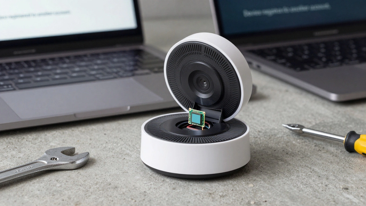 A stolen Nest Doorbell opened to reveal encrypted internals, useless without the original account.