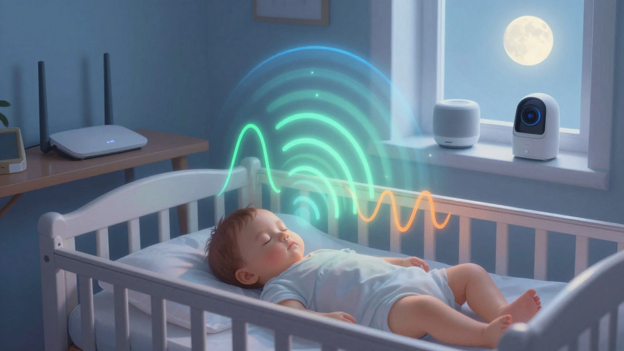 An infant sleeping in a crib surrounded by wireless devices, each emitting subtle RF wave patterns.