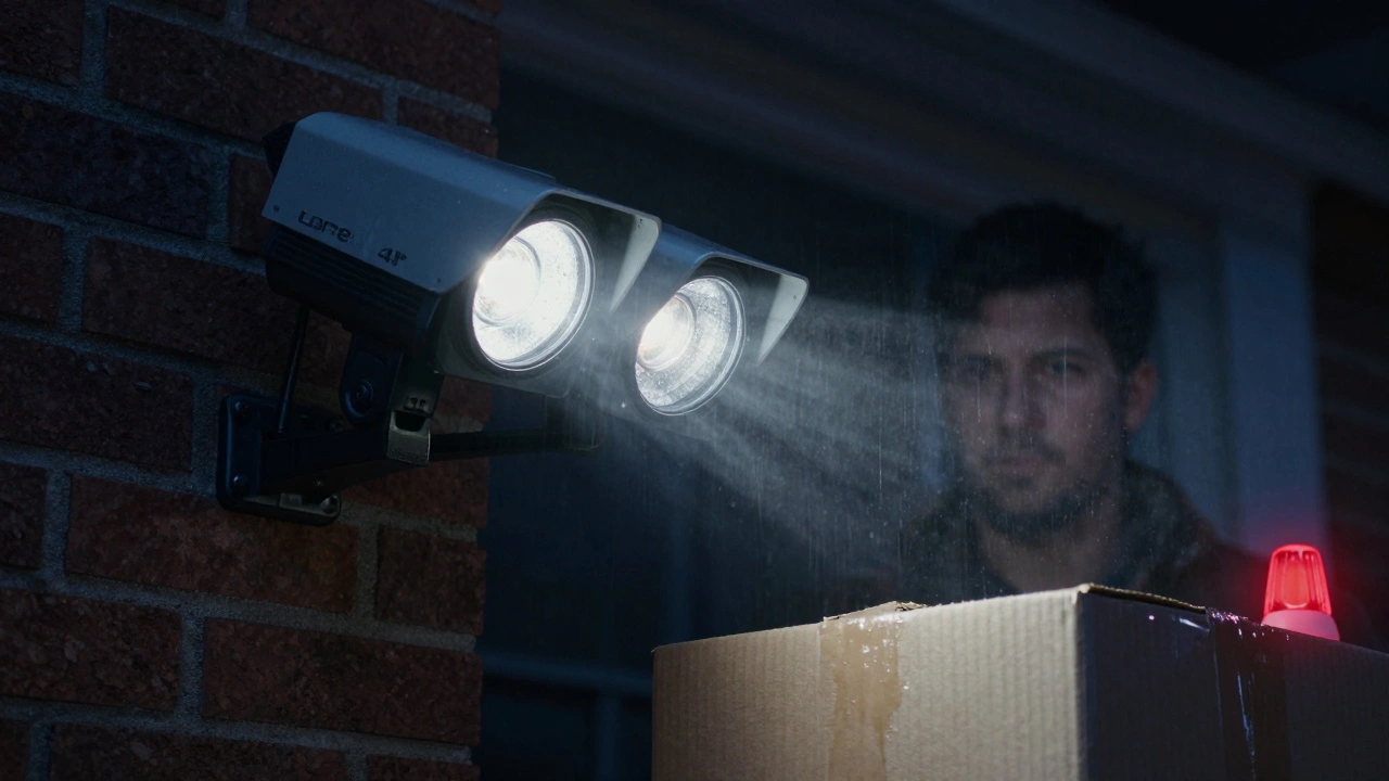 An outdoor security camera with bright spotlights illuminating a package and a person at night, rain on the lens.